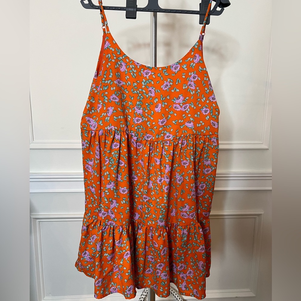Spaghetti strap, bright orange, purple and blue floral sundress